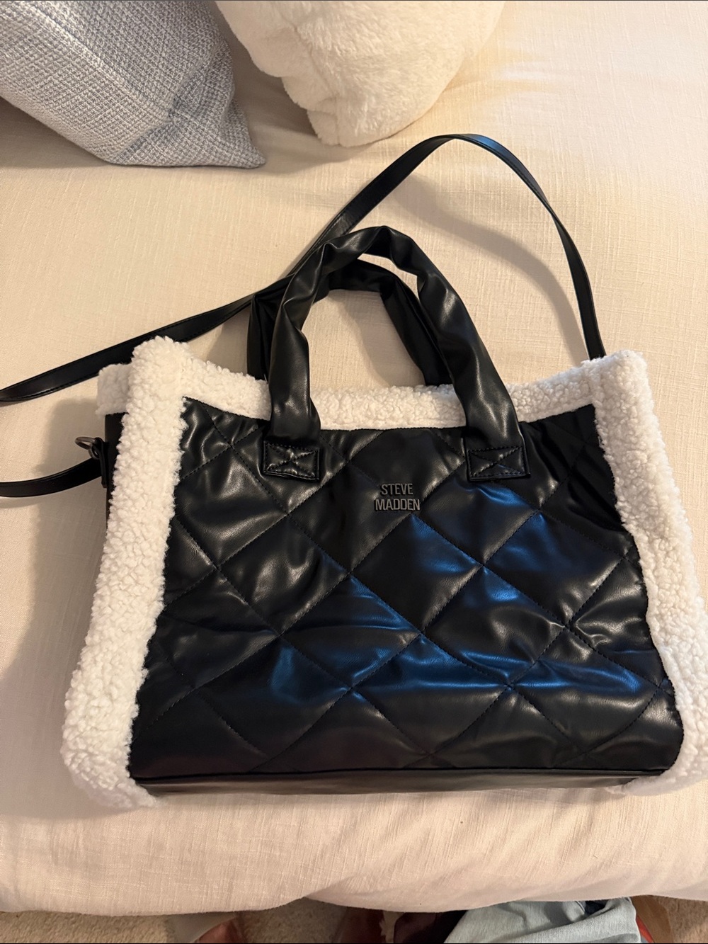 Steve Madden Black Quilted Tote with White Sherpa Trim